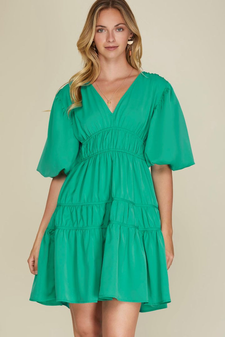 JADE BALLOON SLEEVES TIERED WOVEN MINI DRESS SKSY6106