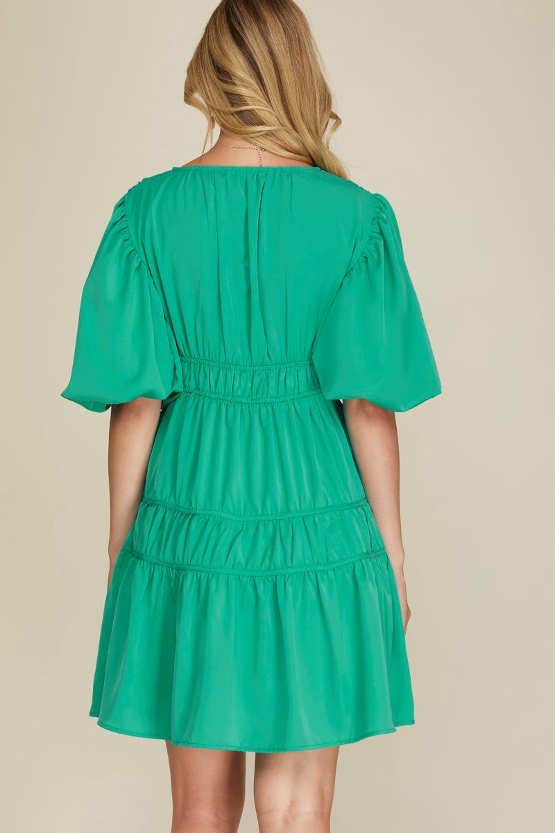 JADE BALLOON SLEEVES TIERED WOVEN MINI DRESS SKSY6106