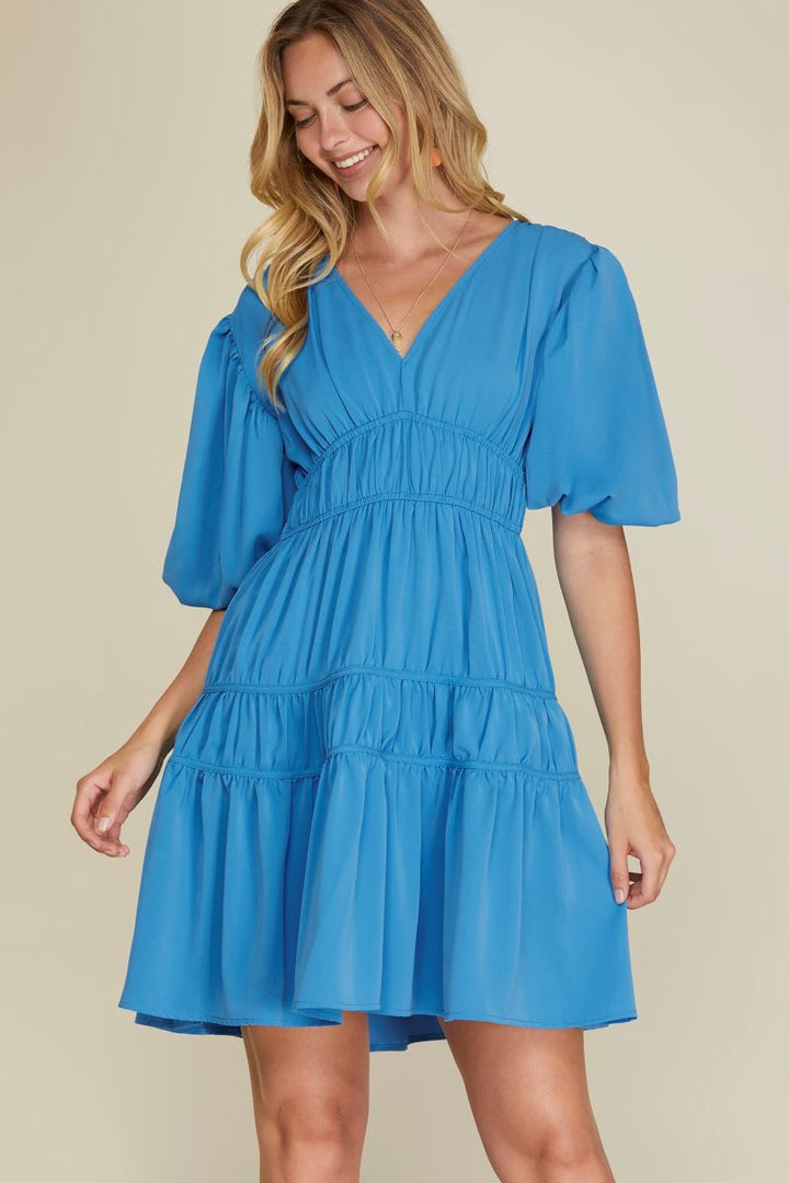 DIVA BLUE BALLOON SLEEVES TIERED WOVEN MINI DRESS SKSY6106