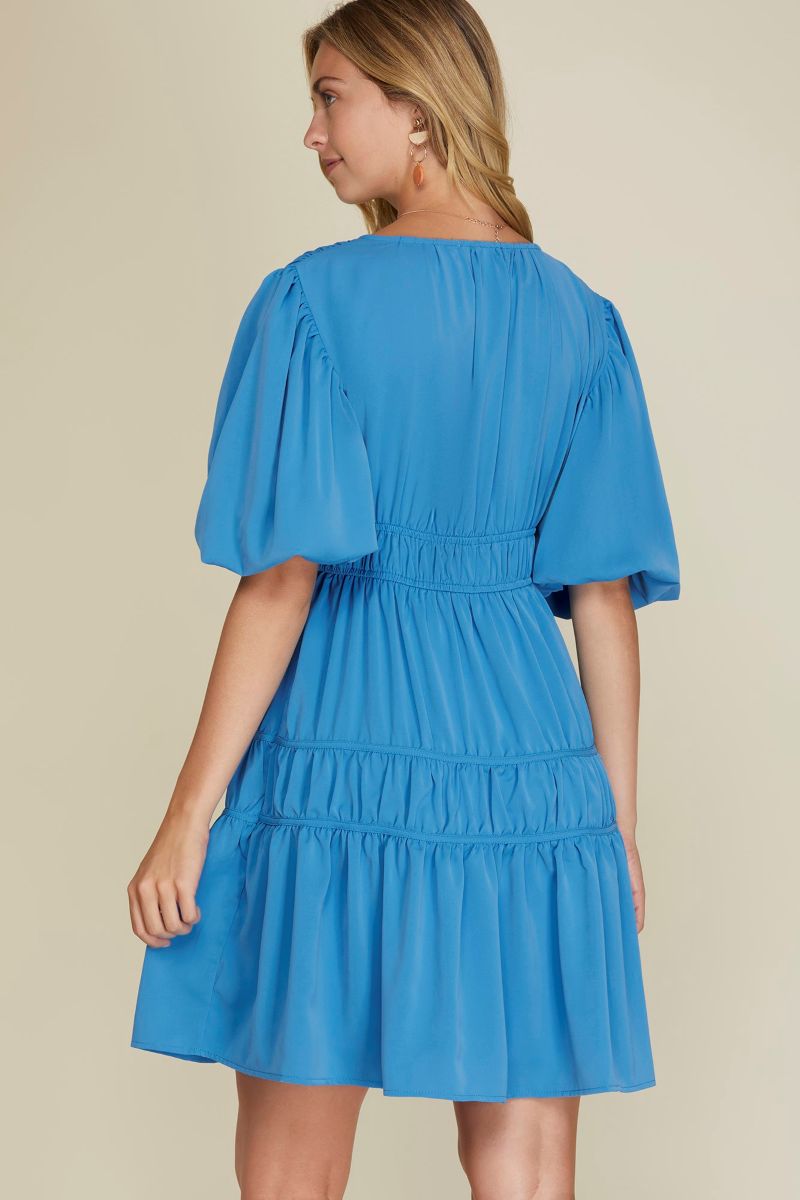DIVA BLUE BALLOON SLEEVES TIERED WOVEN MINI DRESS SKSY6106