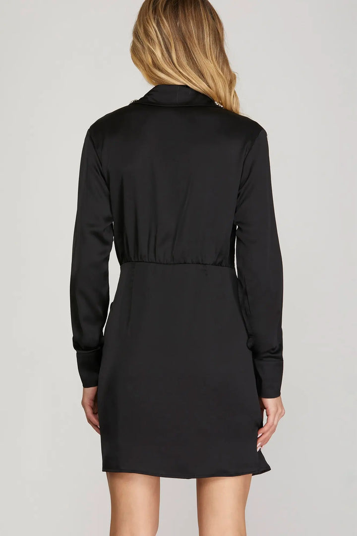 LONG SLEEVE SATIN RHINESTONE COLLAR WRAP SKIRT DRESS   SKSY6192