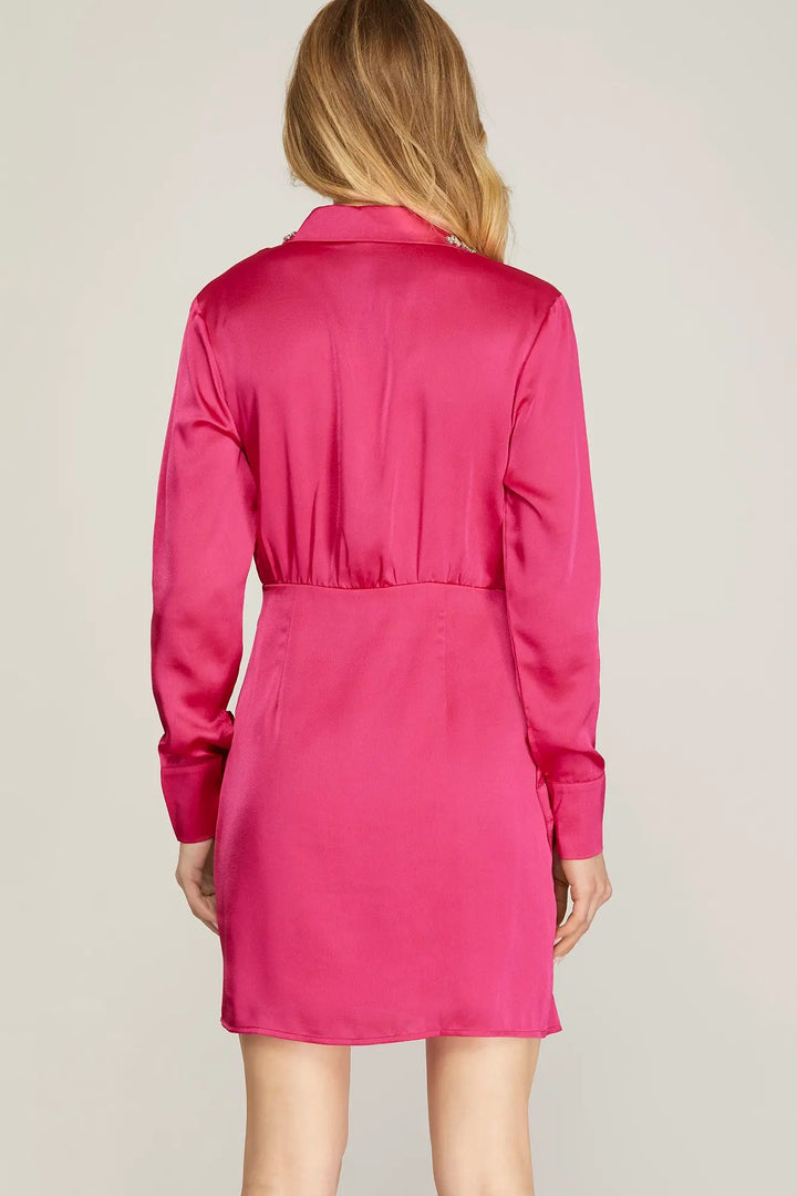 LONG SLEEVE SATIN RHINESTONE COLLAR WRAP SKIRT DRESS   SKSY6192