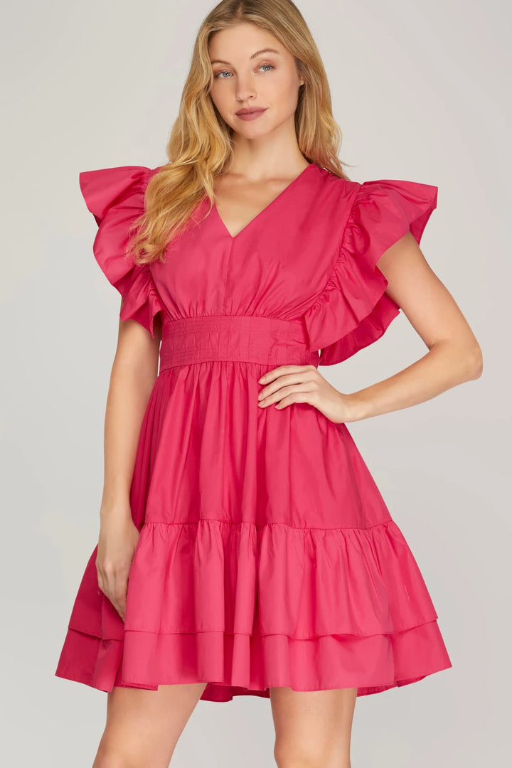RUFFLED SHOULDER PLEATED V NECK WAIST TIERED WOVEN DRESS