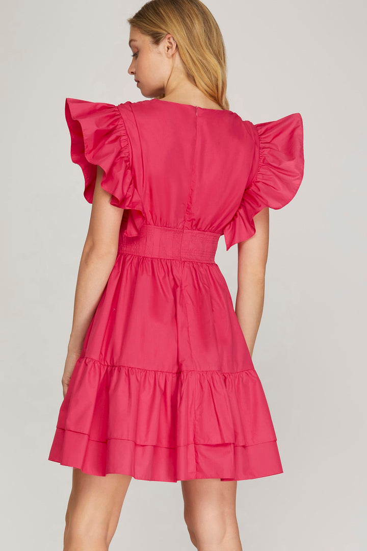 RUFFLED SHOULDER PLEATED V NECK WAIST TIERED WOVEN DRESS