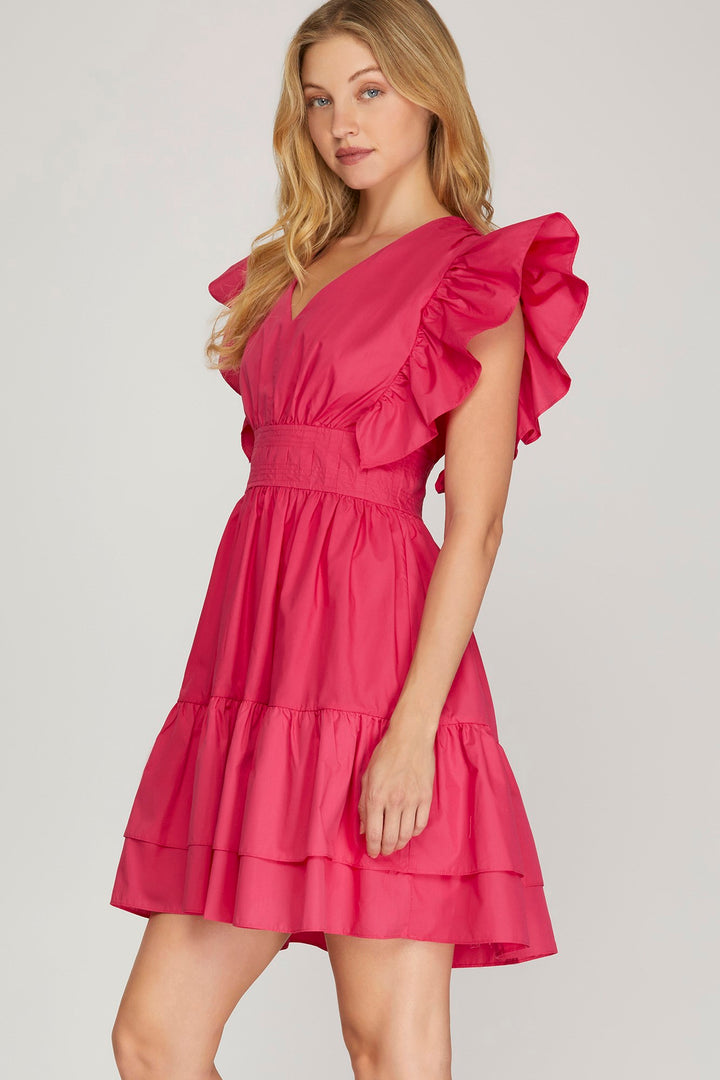 RUFFLED SHOULDER PLEATED V NECK WAIST TIERED WOVEN DRESS