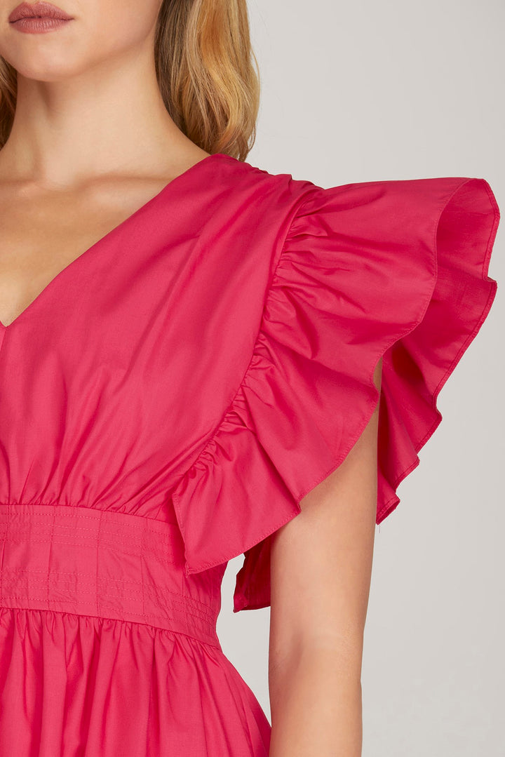 RUFFLED SHOULDER PLEATED V NECK WAIST TIERED WOVEN DRESS