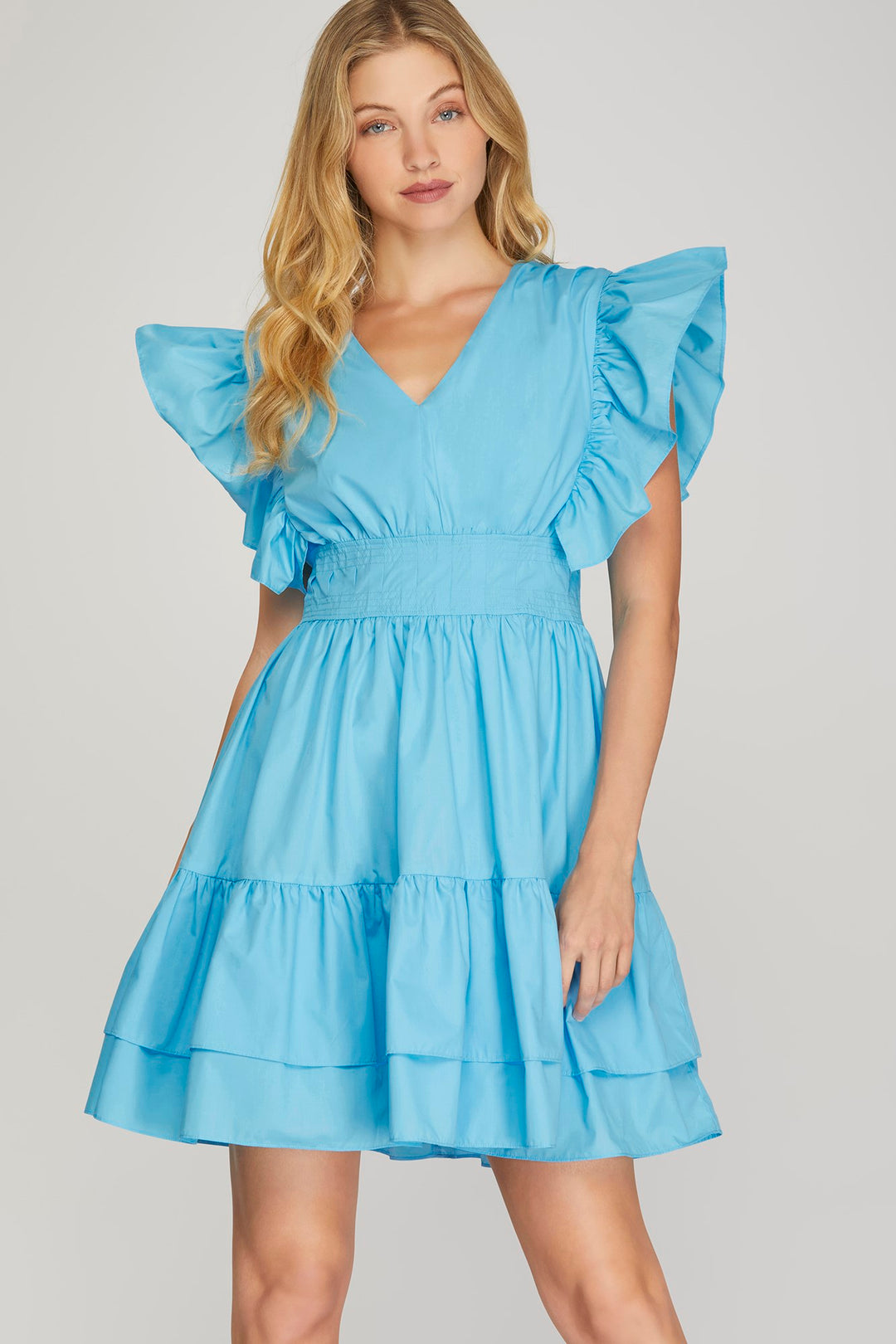 RUFFLED SHOULDER PLEATED V NECK WAIST TIERED WOVEN DRESS