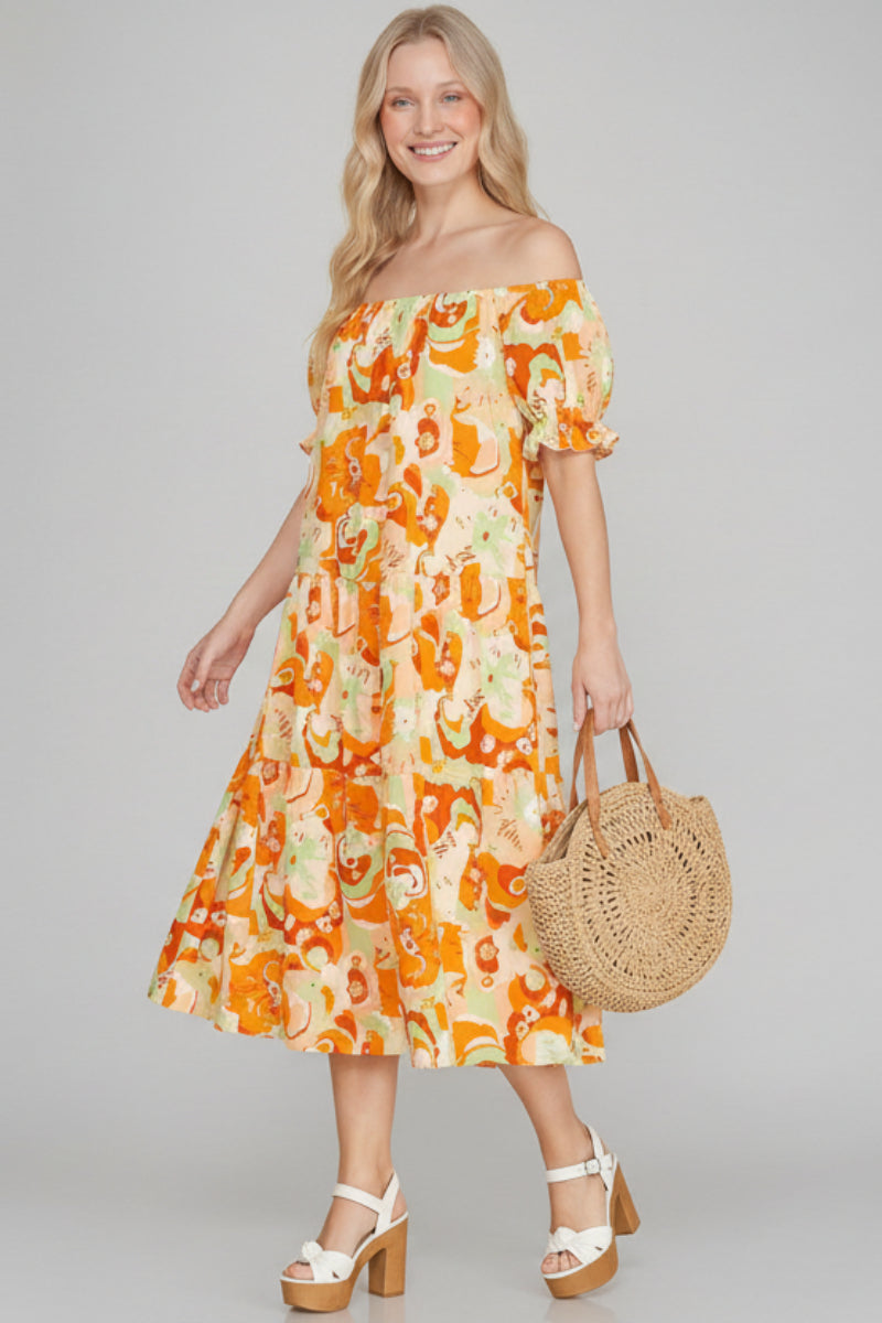 BUBBLE SLEEVES TIERED WOVEN MIDI DRESS SKSY4932