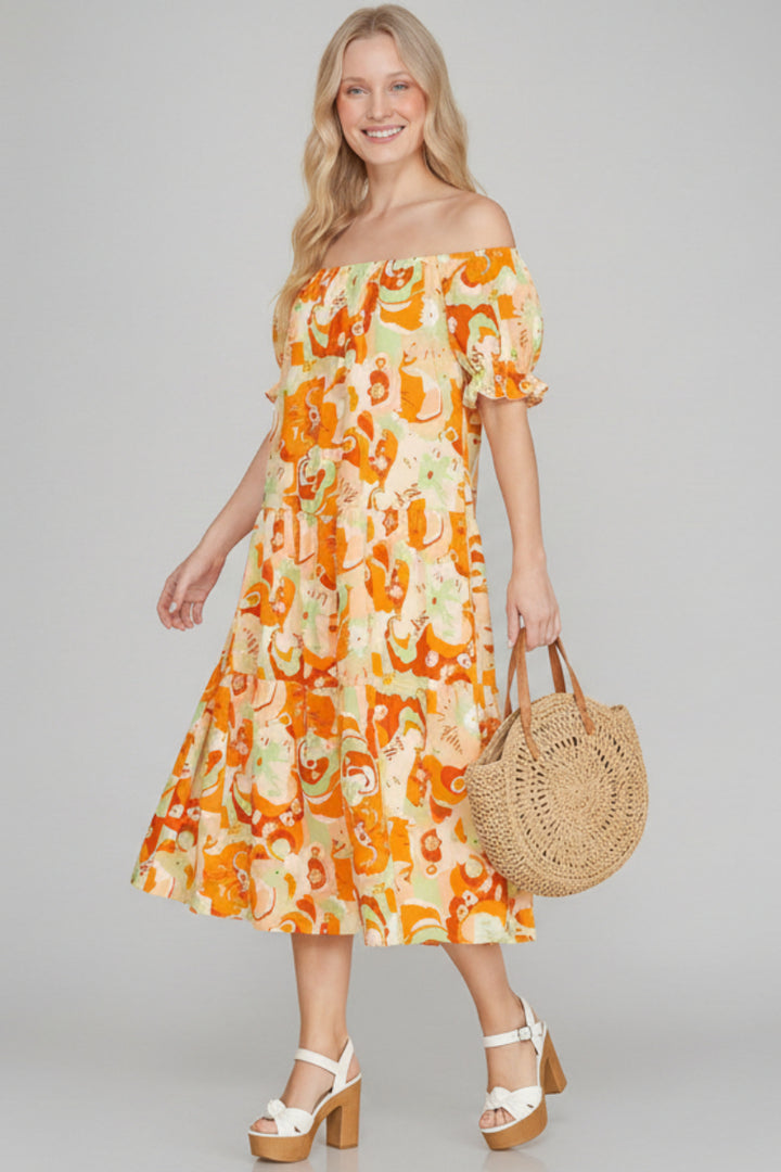 BUBBLE SLEEVES TIERED WOVEN MIDI DRESS SKSY4932