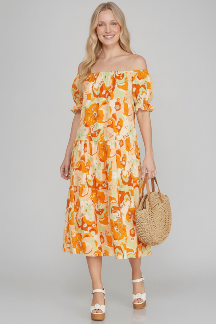 BUBBLE SLEEVES TIERED WOVEN MIDI DRESS SKSY4932
