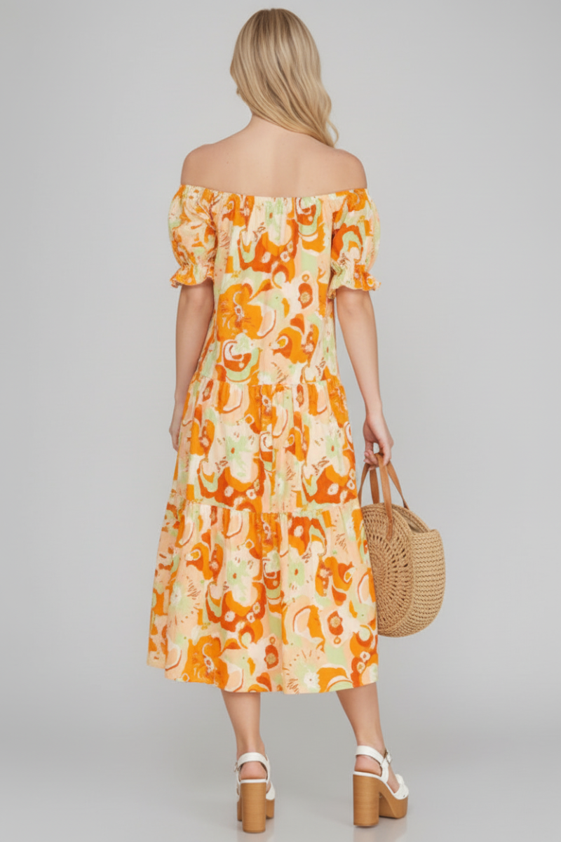 BUBBLE SLEEVES TIERED WOVEN MIDI DRESS SKSY4932