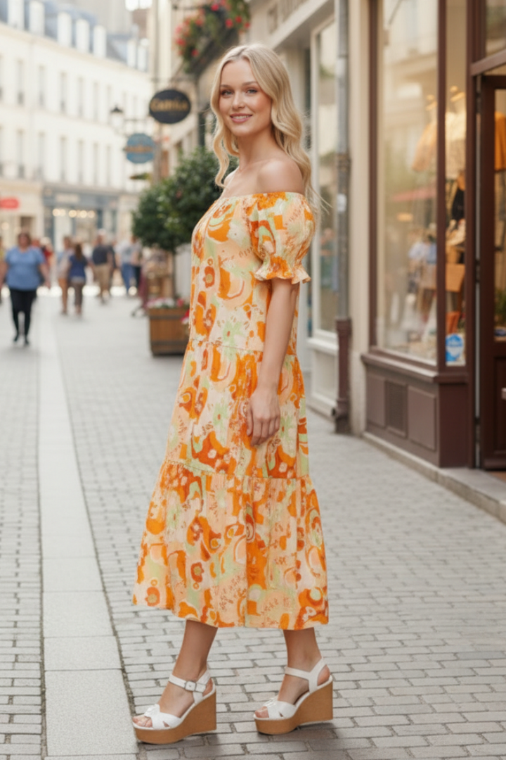 BUBBLE SLEEVES TIERED WOVEN MIDI DRESS SKSY4932