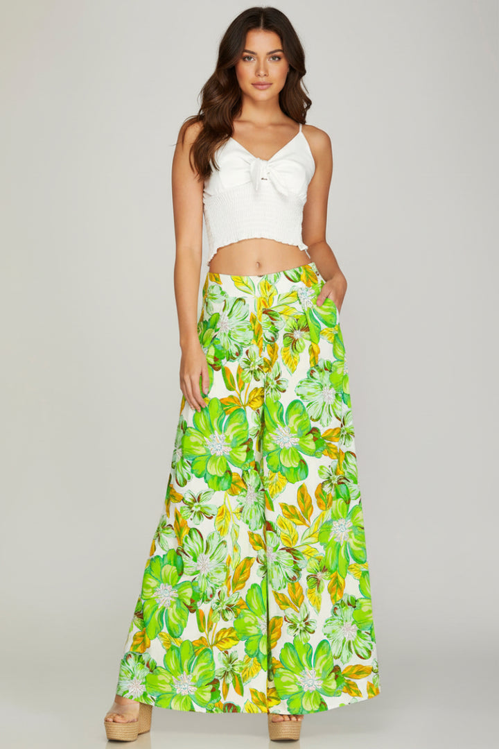WOVEN FLORAL PRINT WIDE LEG PANTS-SKSY5790