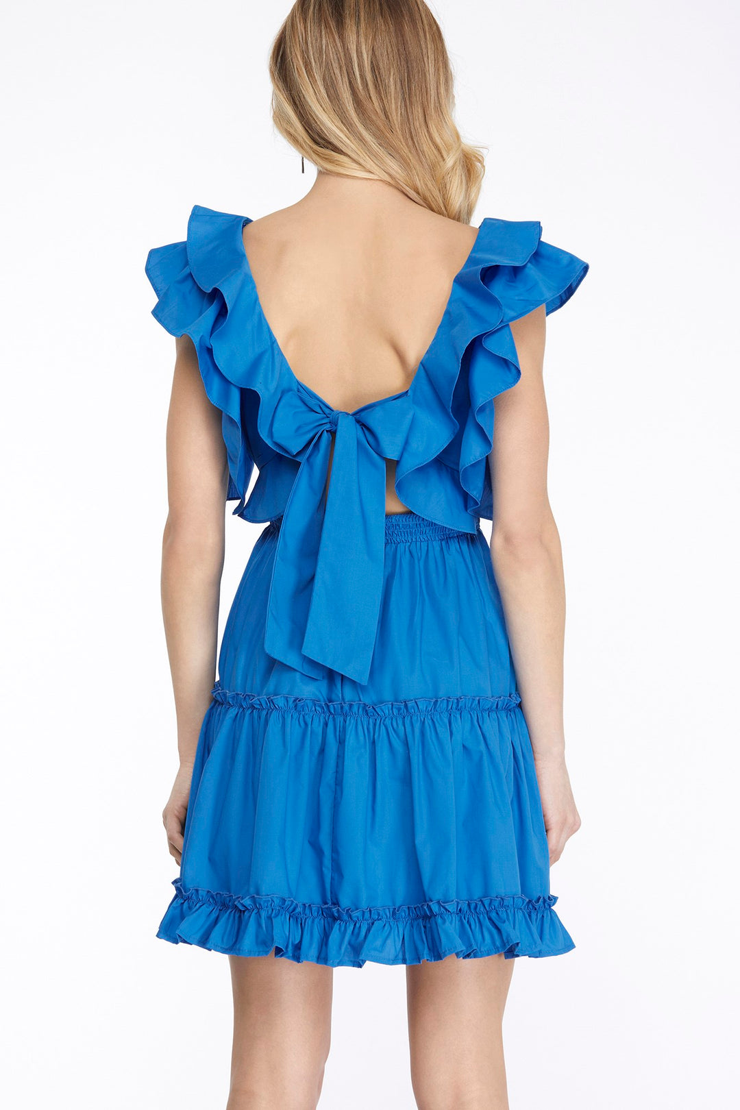 RUFFLED SLEEVE SMOCK WAIST TIERED DRESS WITH BACK BOW TIE DETAIL