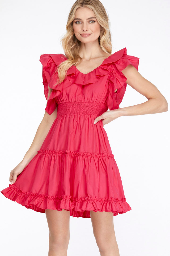 RUFFLED SLEEVE SMOCK WAIST TIERED DRESS WITH BACK BOW TIE DETAIL
