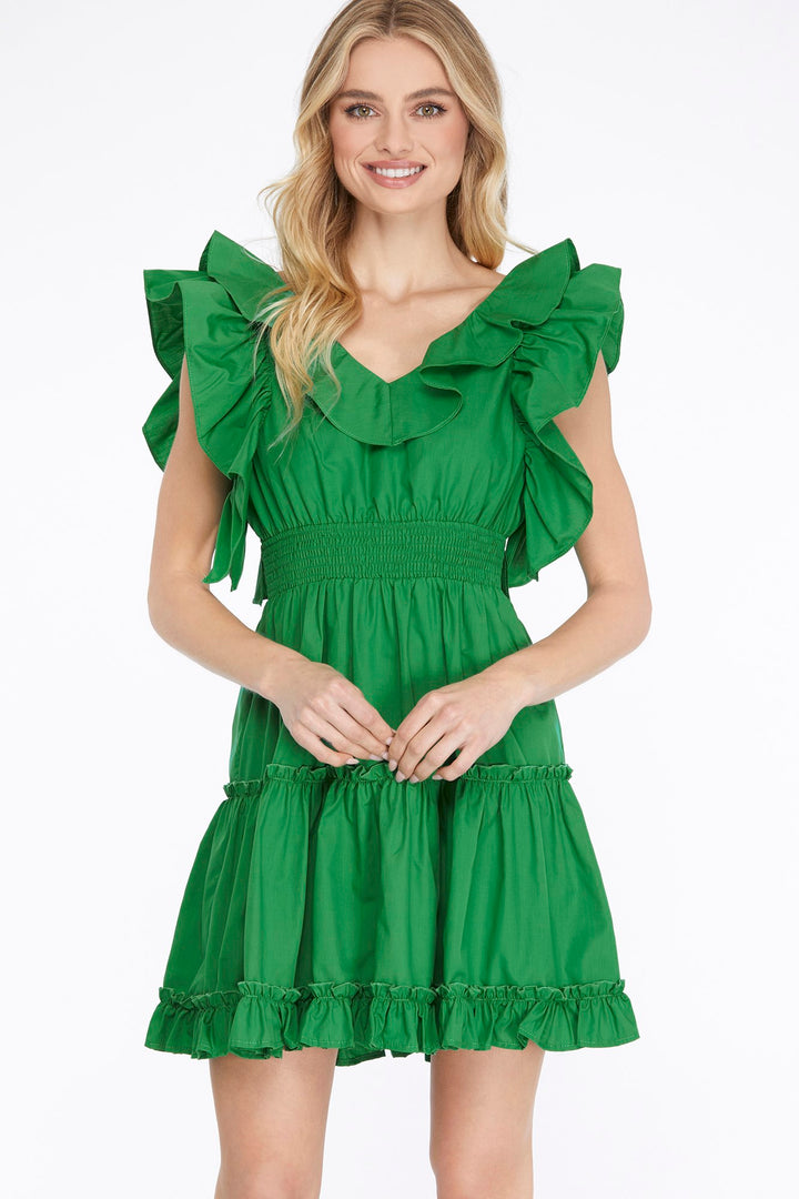 RUFFLED SLEEVE SMOCK WAIST TIERED DRESS WITH BACK BOW TIE DETAIL