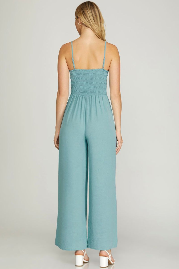 MISTY BLUE BACK SMOCKING DETAIL WOVEN JUMPSUIT SKSY5847*