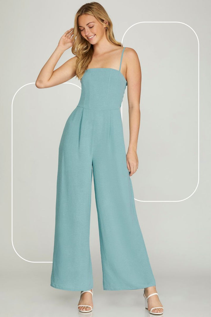 MISTY BLUE BACK SMOCKING DETAIL WOVEN JUMPSUIT SKSY5847*