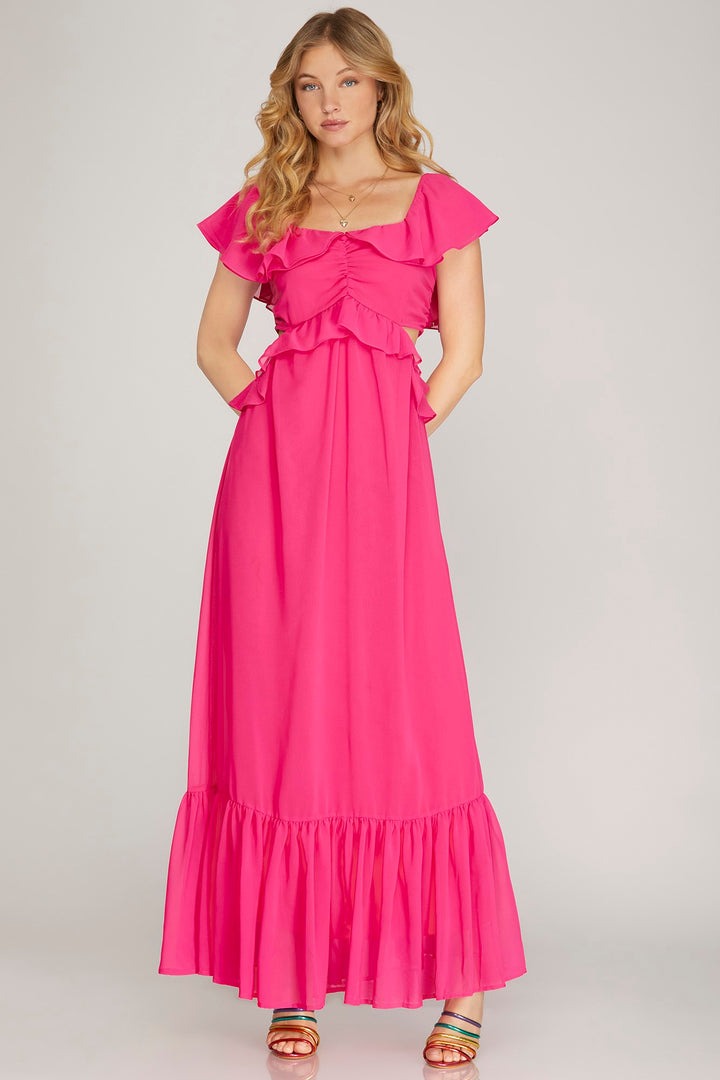 SHORT RUFFLE SLEEVE CHIFFON MAXI DRESS