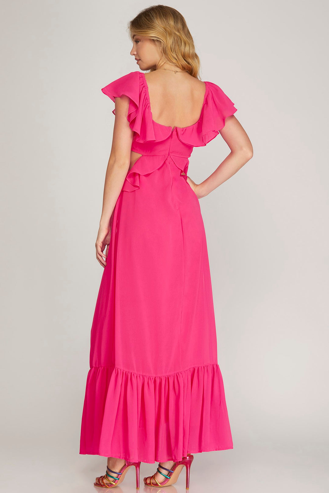 SHORT RUFFLE SLEEVE CHIFFON MAXI DRESS
