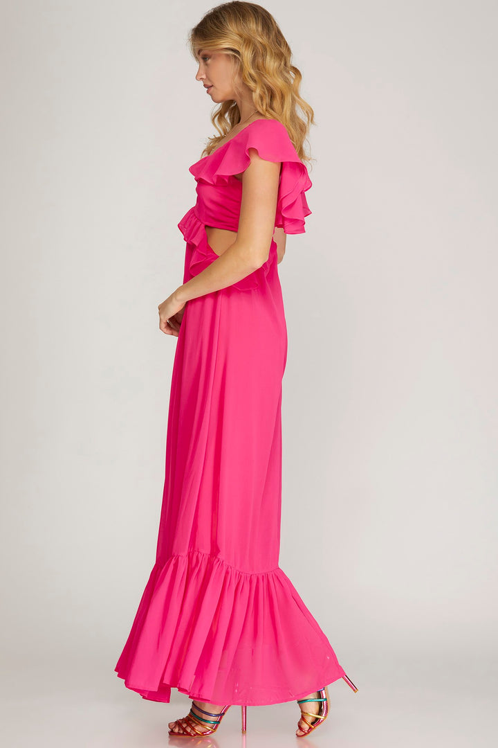 SHORT RUFFLE SLEEVE CHIFFON MAXI DRESS