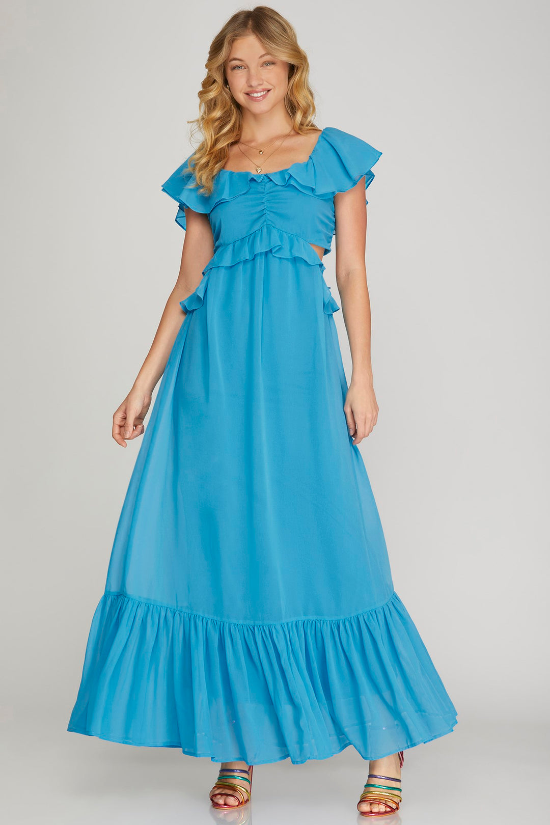SHORT RUFFLE SLEEVE CHIFFON MAXI DRESS