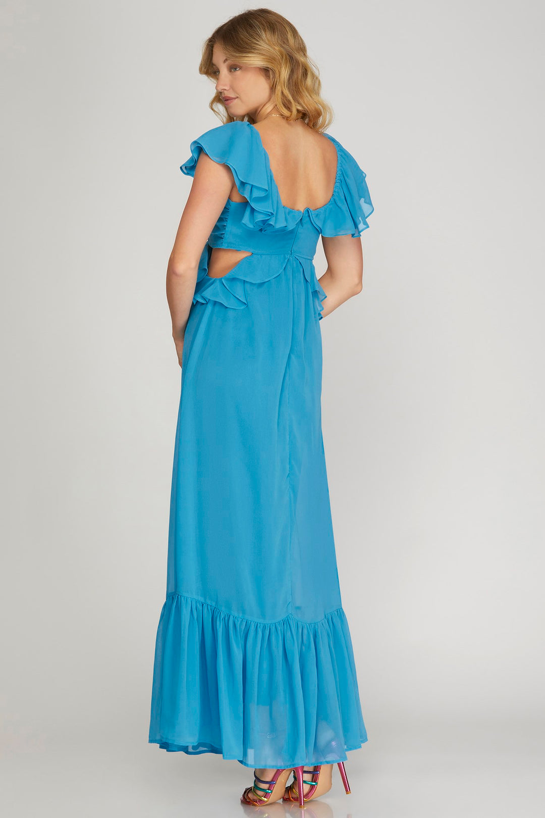 SHORT RUFFLE SLEEVE CHIFFON MAXI DRESS