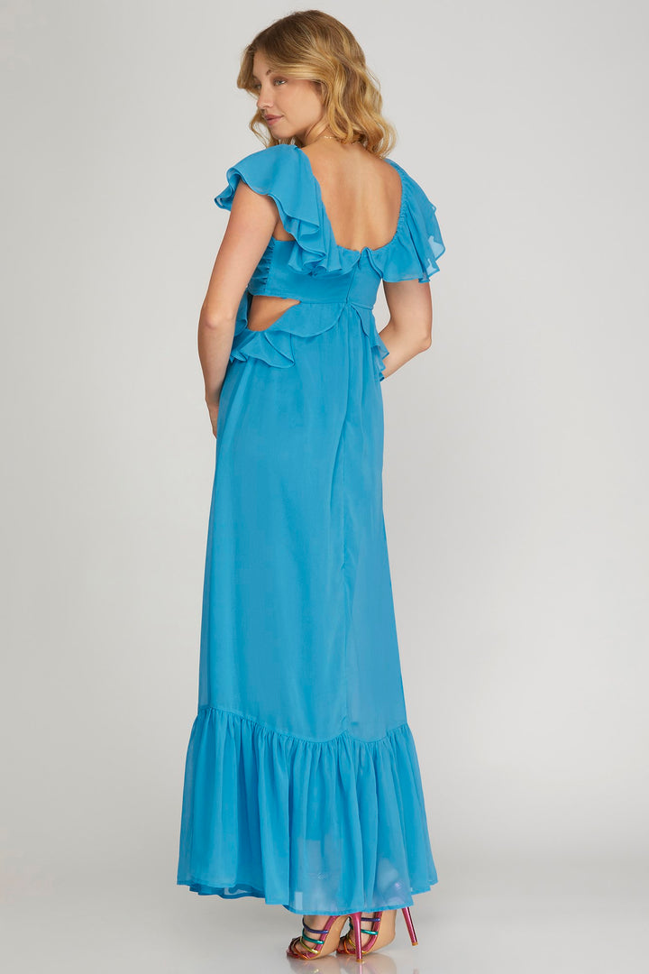 SHORT RUFFLE SLEEVE CHIFFON MAXI DRESS