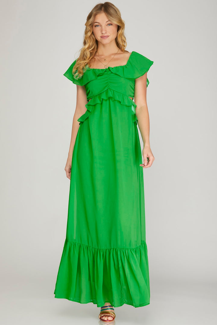 SHORT RUFFLE SLEEVE CHIFFON MAXI DRESS