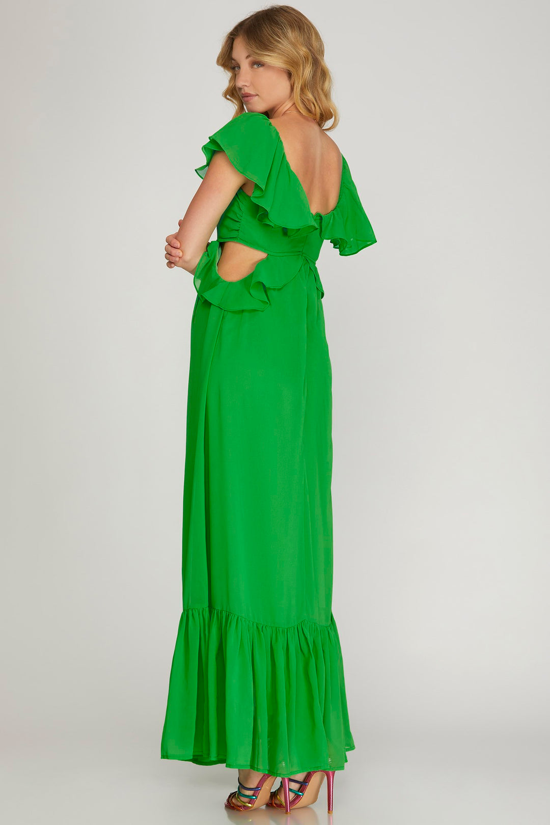 SHORT RUFFLE SLEEVE CHIFFON MAXI DRESS