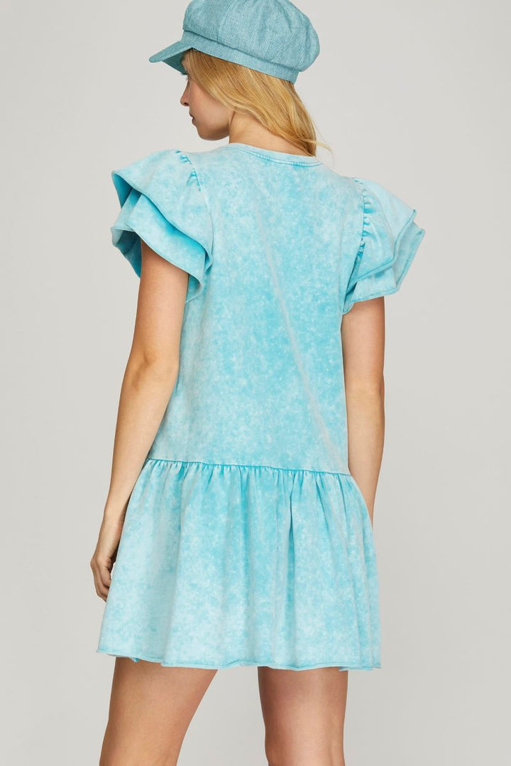 BLUE RUFFLE SLEEVES FRENCH TERRY MINI DRESS