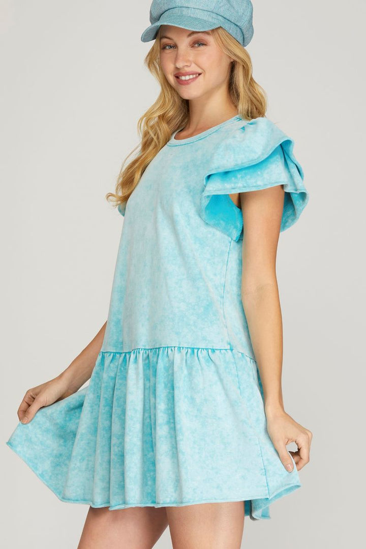 BLUE RUFFLE SLEEVES FRENCH TERRY MINI DRESS