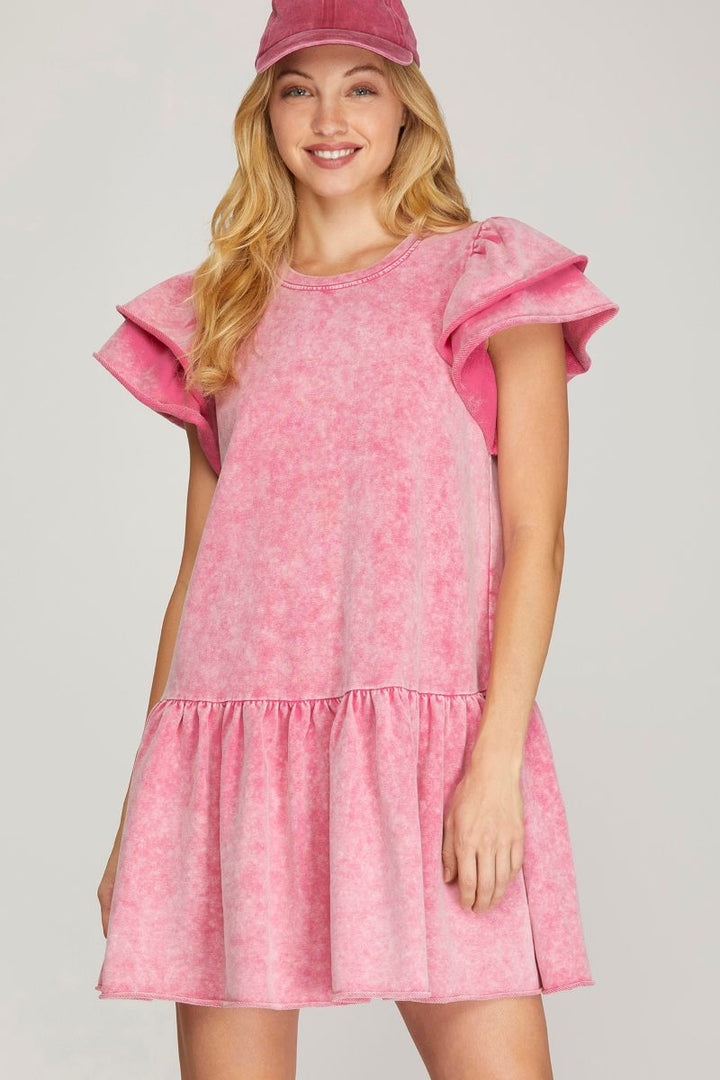 PINK RUFFLE SLEEVES FRENCH TERRY MINI DRESS