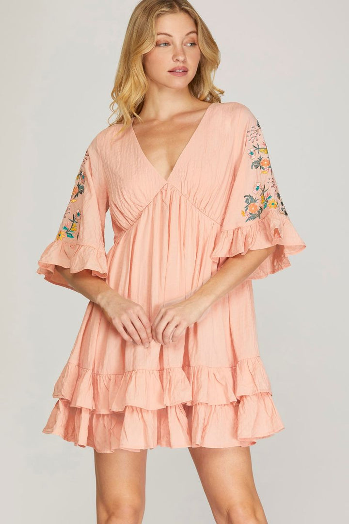 LT. ROSE FLORAL EMBROIDERY SLEEVES BABYDOLL MINI DRESS S16SY6018