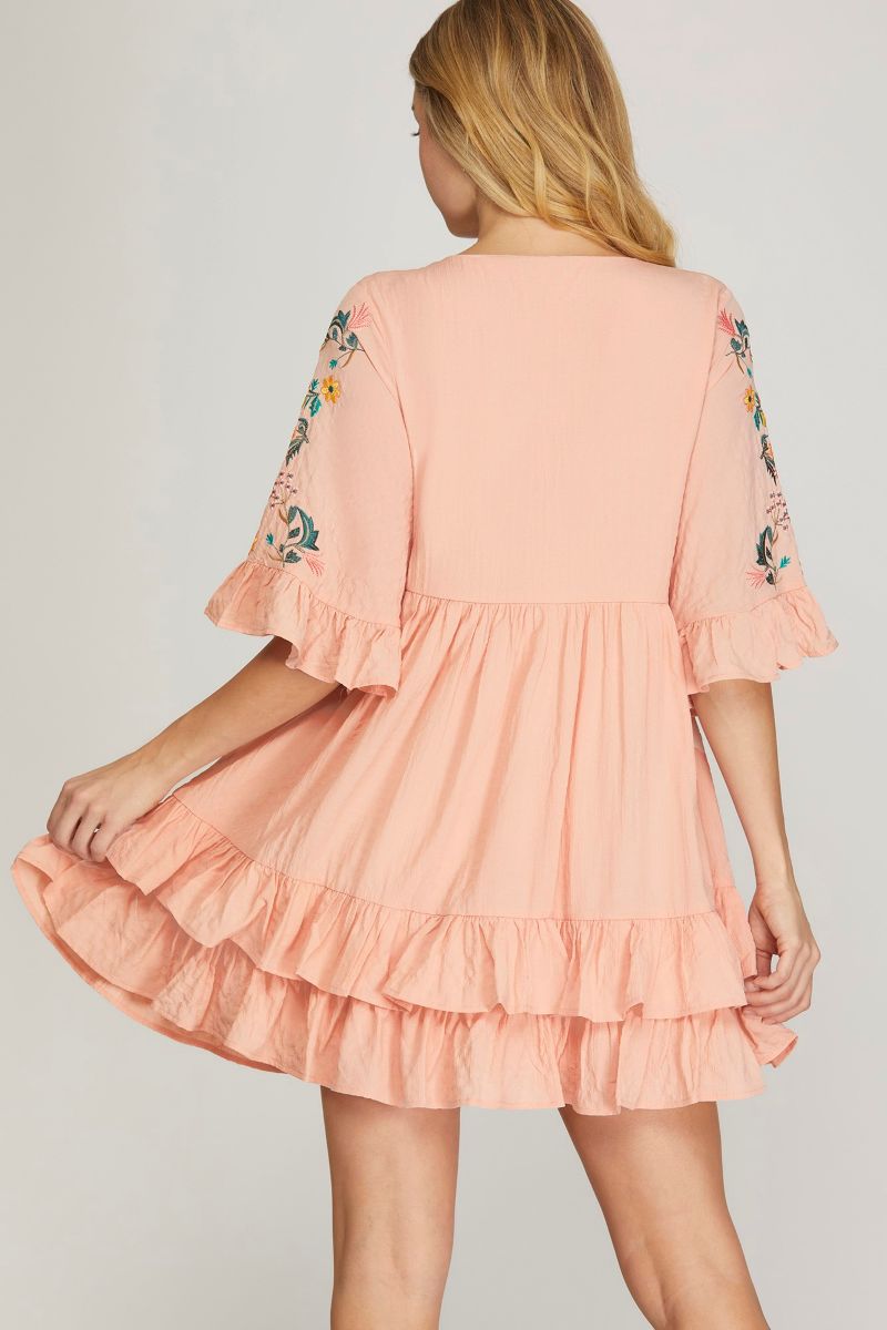 LT. ROSE FLORAL EMBROIDERY SLEEVES BABYDOLL MINI DRESS S16SY6018