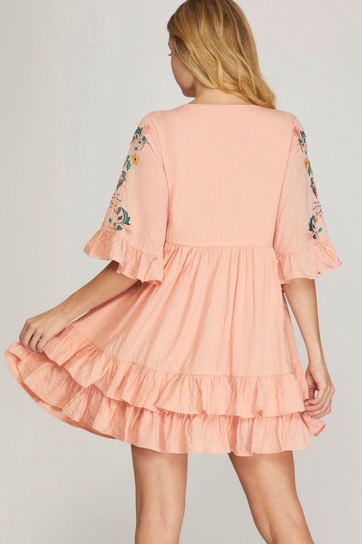 LT. ROSE FLORAL EMBROIDERY SLEEVES BABYDOLL MINI DRESS S16SY6018