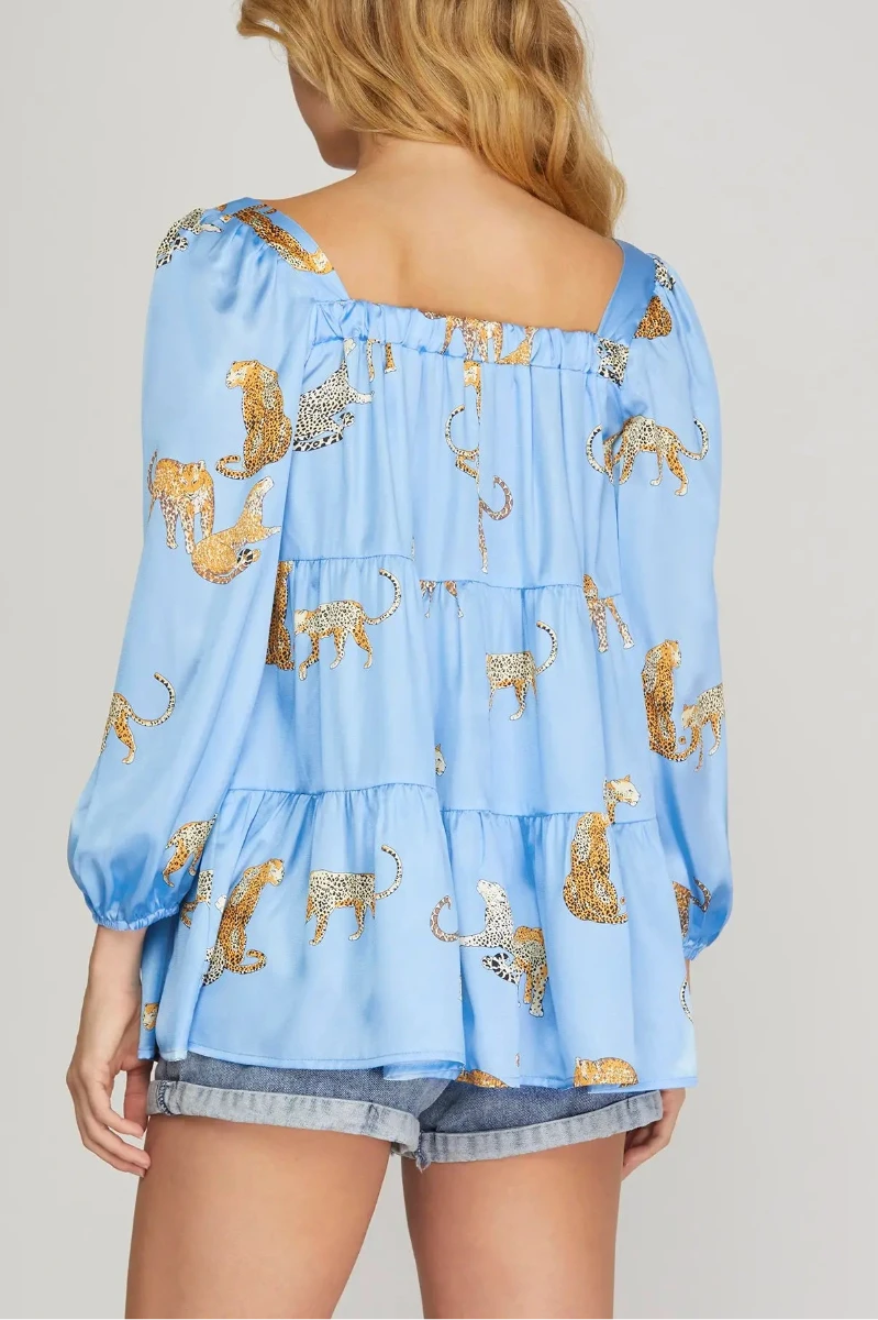 3/4 SLEEVE TIERED SQUARE NECK JAGUAR PRINT SATIN TOP SKSY5860