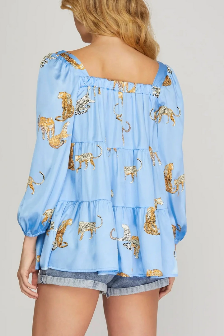 3/4 SLEEVE TIERED SQUARE NECK JAGUAR PRINT SATIN TOP SKSY5860