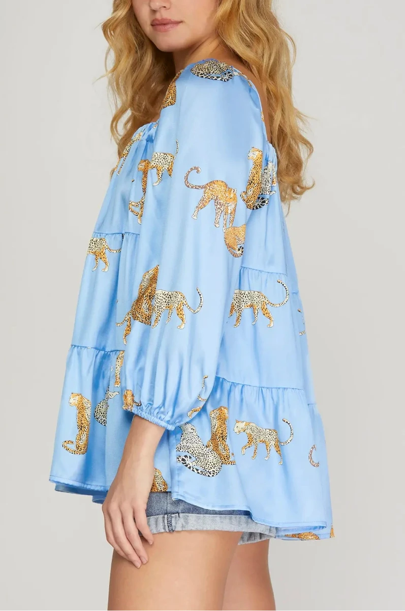 3/4 SLEEVE TIERED SQUARE NECK JAGUAR PRINT SATIN TOP SKSY5860