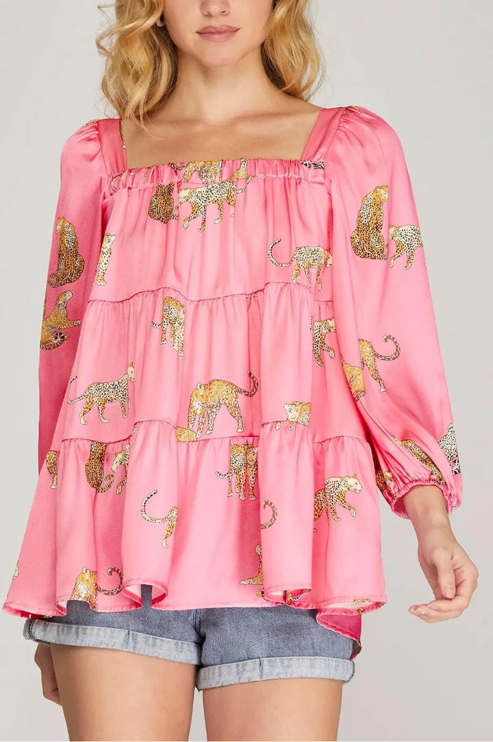 3/4 SLEEVE TIERED SQUARE NECK JAGUAR PRINT SATIN TOP SKSY5860