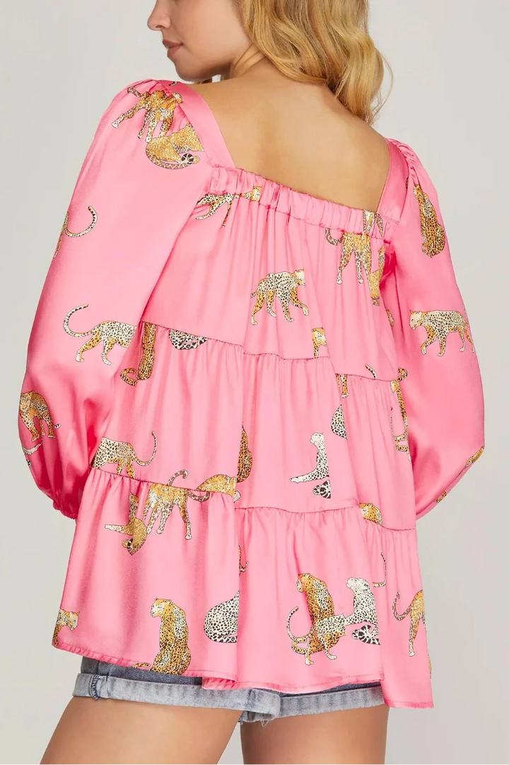 3/4 SLEEVE TIERED SQUARE NECK JAGUAR PRINT SATIN TOP SKSY5860