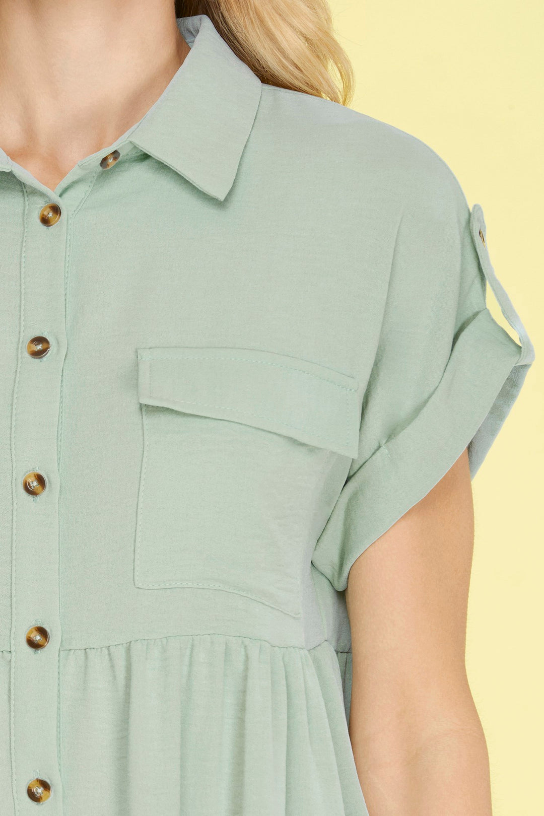 FOLDED DROP SHOULDER BUTTON DOWN WOVEN DRESS -SKSY6191