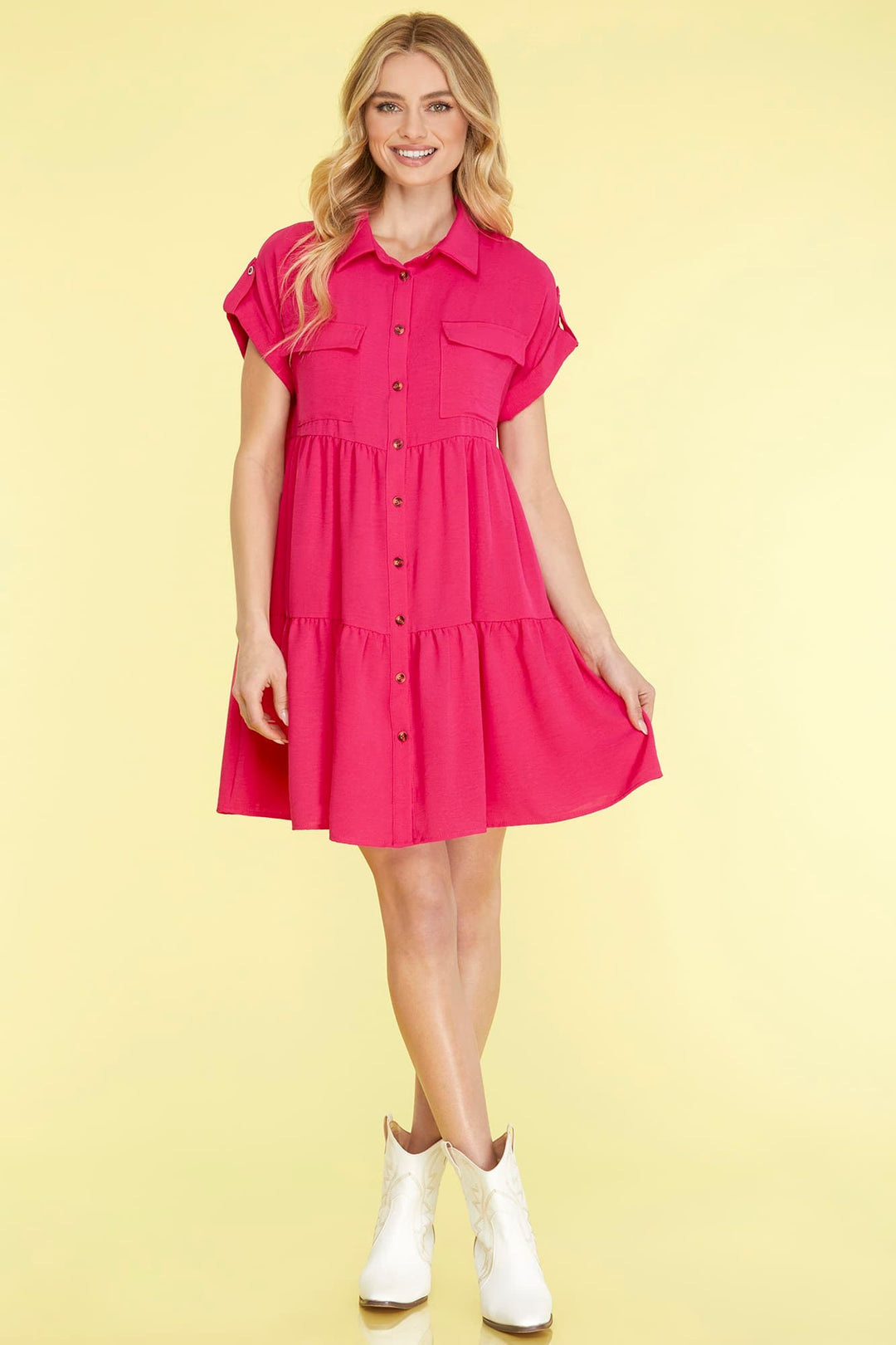 FOLDED DROP SHOULDER BUTTON DOWN WOVEN DRESS -SKSY6191