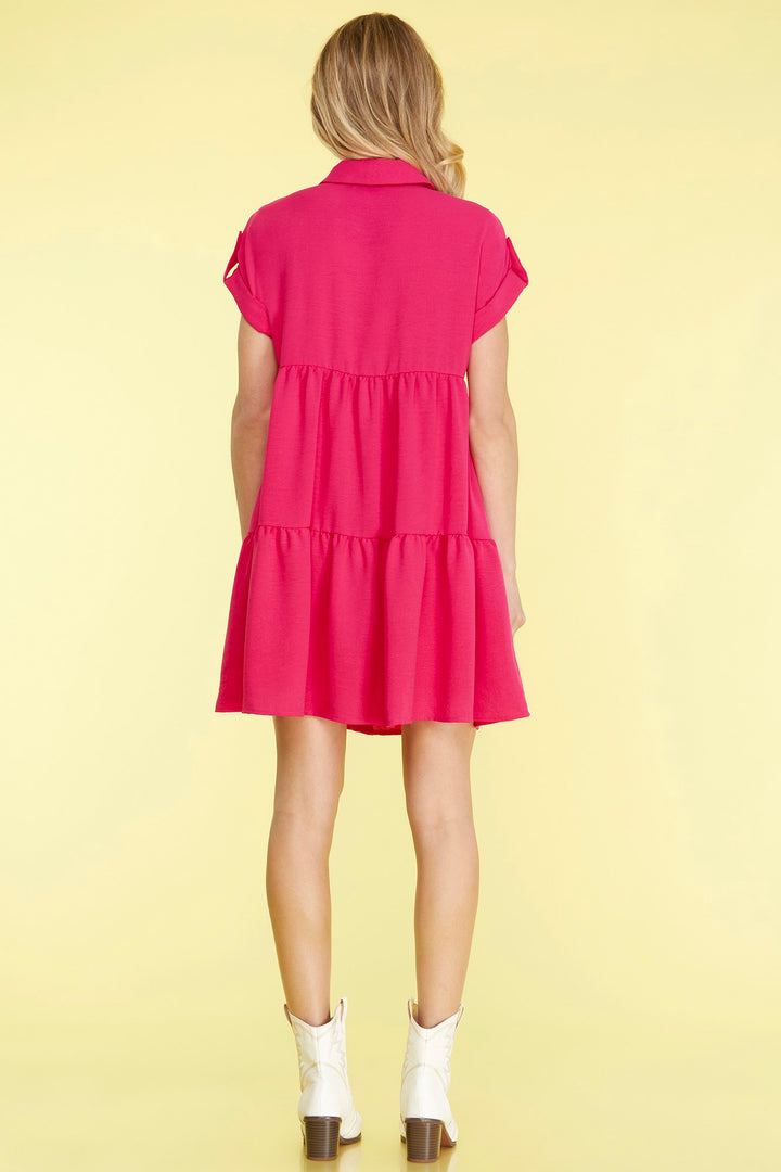 FOLDED DROP SHOULDER BUTTON DOWN WOVEN DRESS -SKSY6191