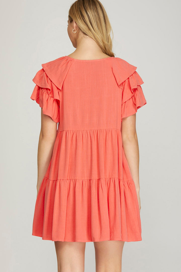 RUFFLE SLEEVE V NECK TIERED WOVEN DRESS WITH SIDE POCKETS
