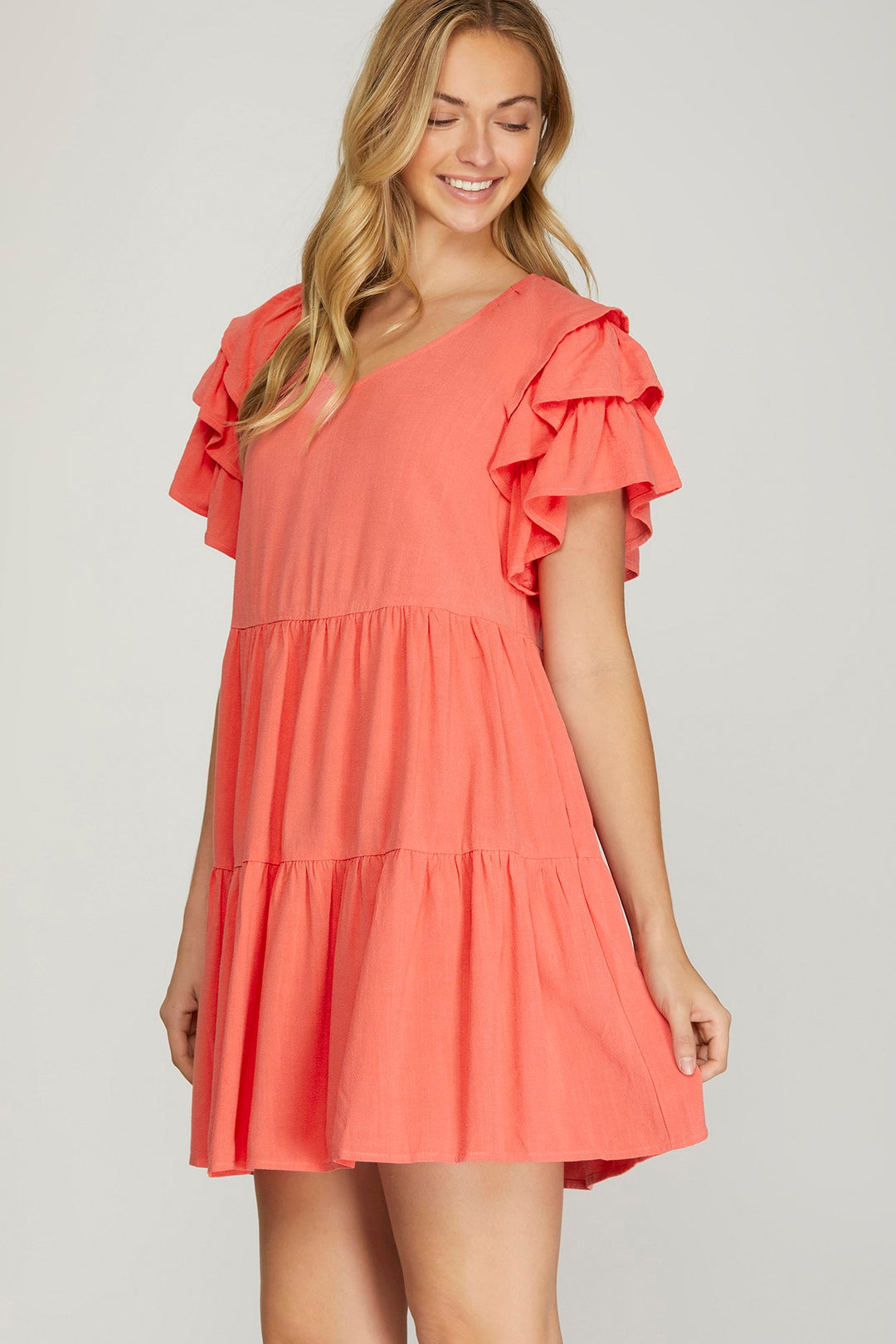 RUFFLE SLEEVE V NECK TIERED WOVEN DRESS WITH SIDE POCKETS