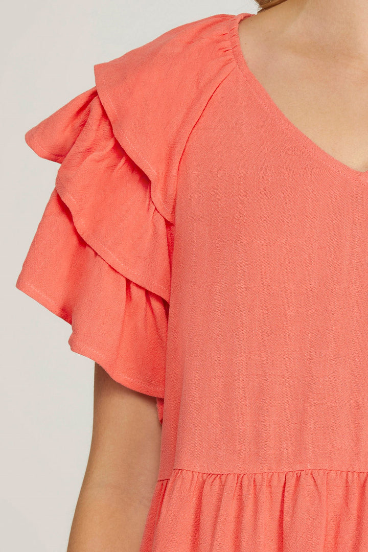 RUFFLE SLEEVE V NECK TIERED WOVEN DRESS WITH SIDE POCKETS