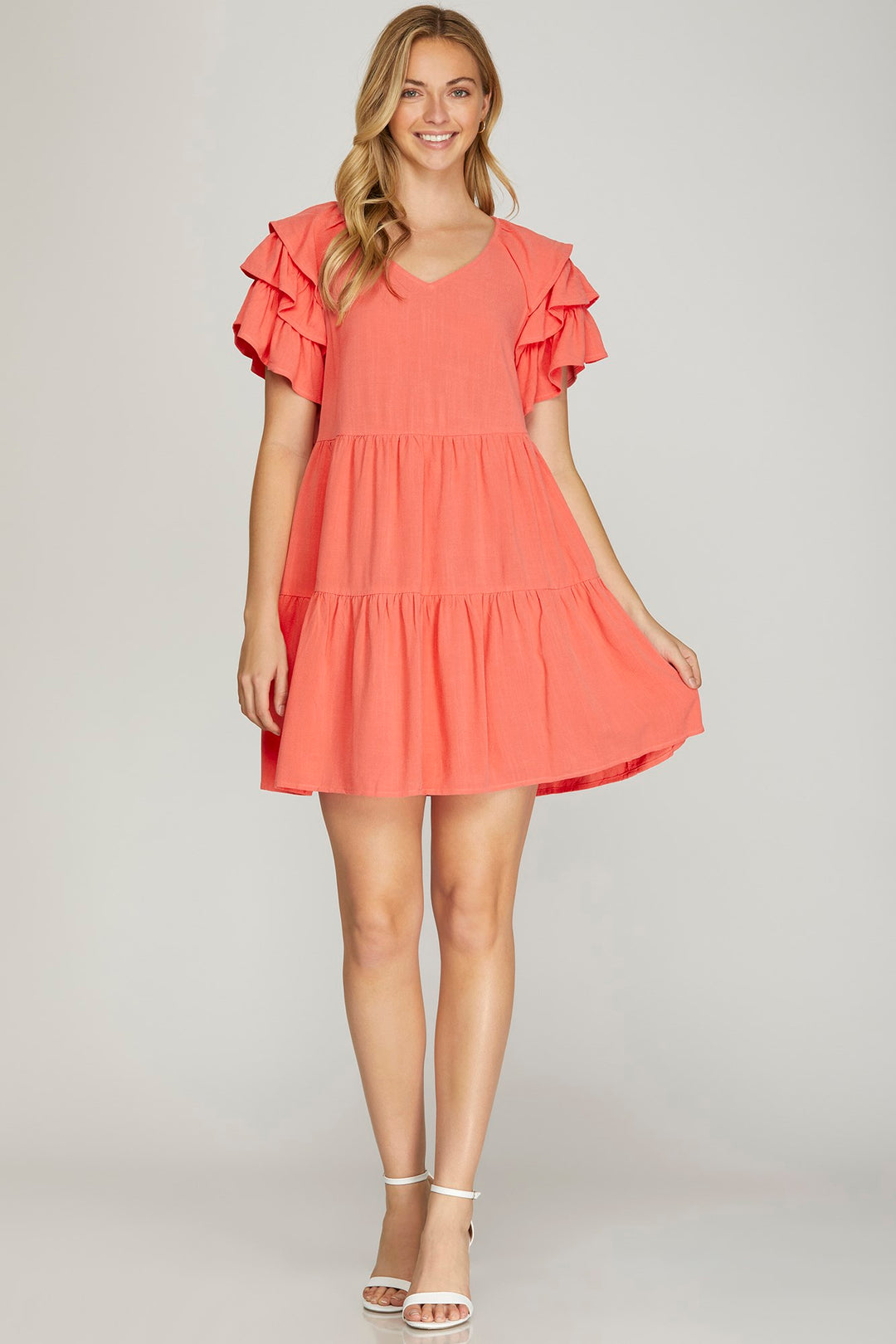 RUFFLE SLEEVE V NECK TIERED WOVEN DRESS WITH SIDE POCKETS
