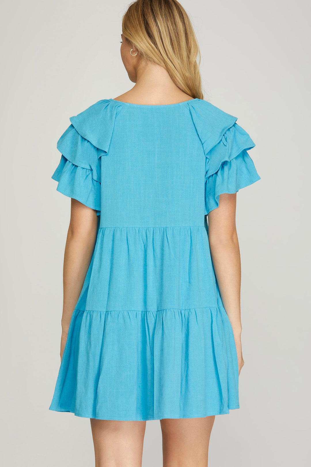 RUFFLE SLEEVE V NECK TIERED WOVEN DRESS WITH SIDE POCKETS
