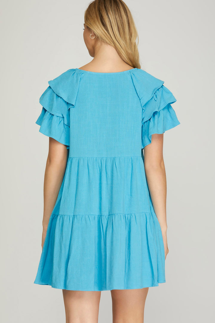RUFFLE SLEEVE V NECK TIERED WOVEN DRESS WITH SIDE POCKETS